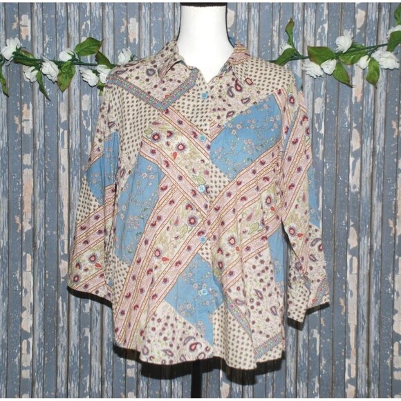 Lemon Grass Patchwork Ladies Blouse Top Size XL Button Up Gannycore Artsy Hippie - Picture 1 of 7